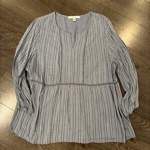 Star Fever Women's XL Babydoll Boho Blouse Blue White Striped 3/4 Sleeve Top
